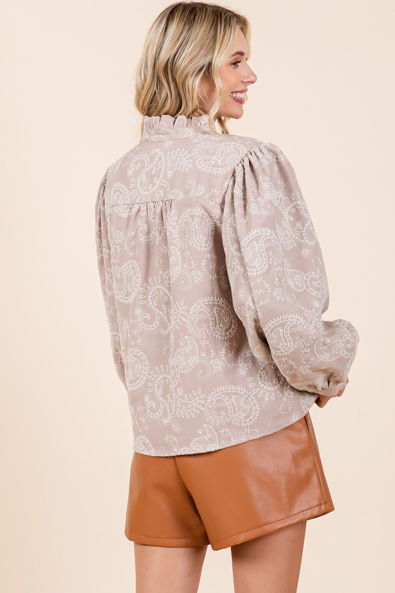 Paisley Embroidered Puff Sleeve Top