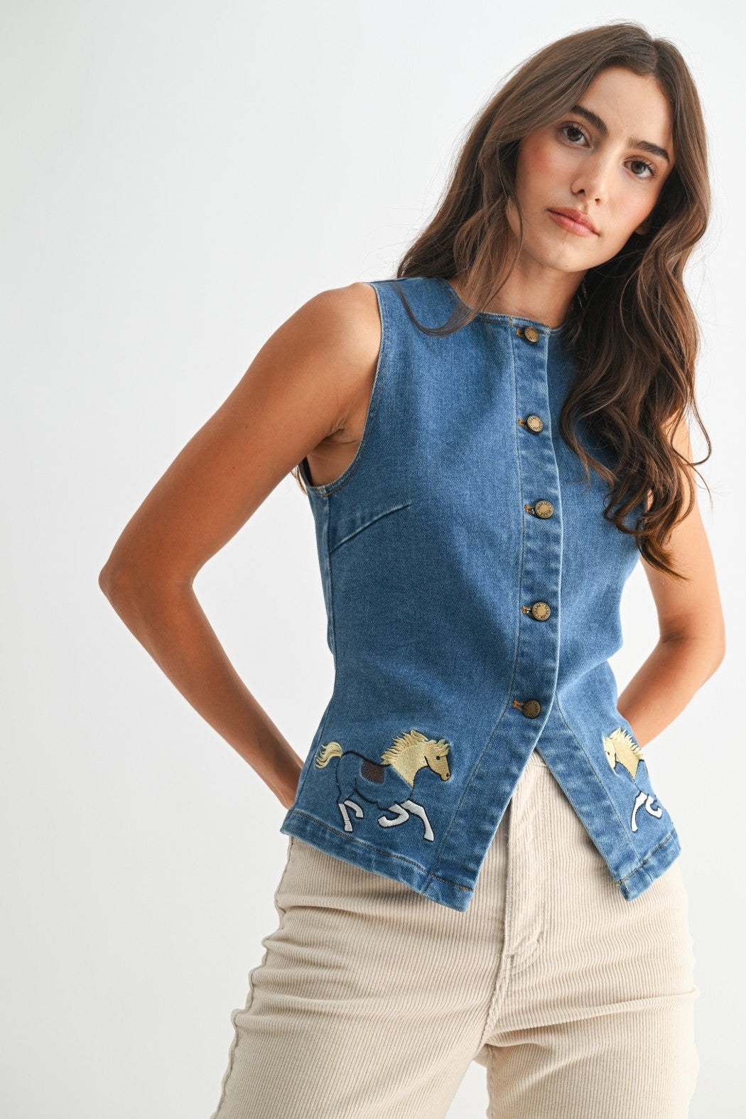 Horse Embroidered Denim Vest