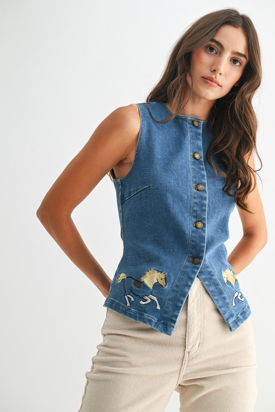 Horse Embroidered Denim Vest