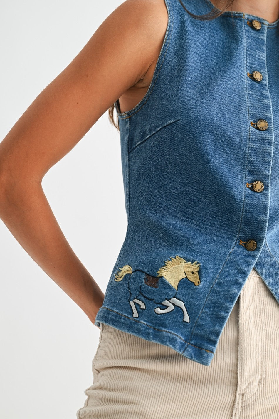 Horse Embroidered Denim Vest
