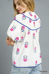 White Stamp Embroidered Blouse