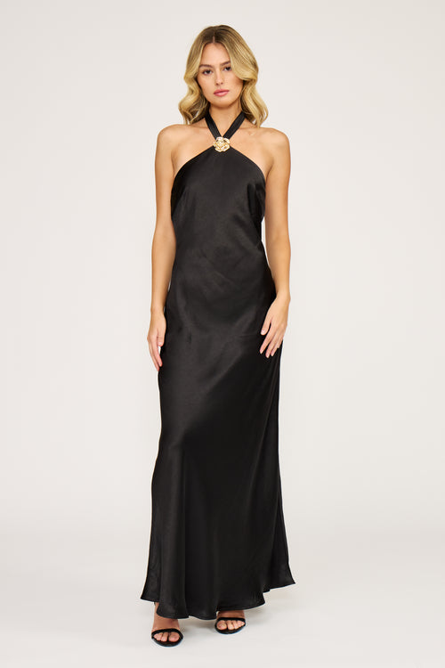 Black Satin Halter Maxi Dress