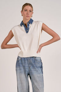 Cap Sleeve Denim Collar Top