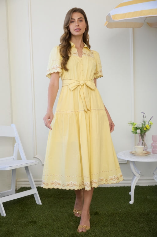 Embroidered Yellow Midi Dress
