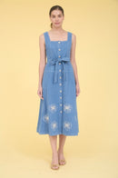 Embroidered Denim Midi Dress