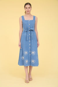 Embroidered Denim Midi Dress