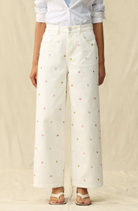 Flower Embroidered Wide Leg Jeans