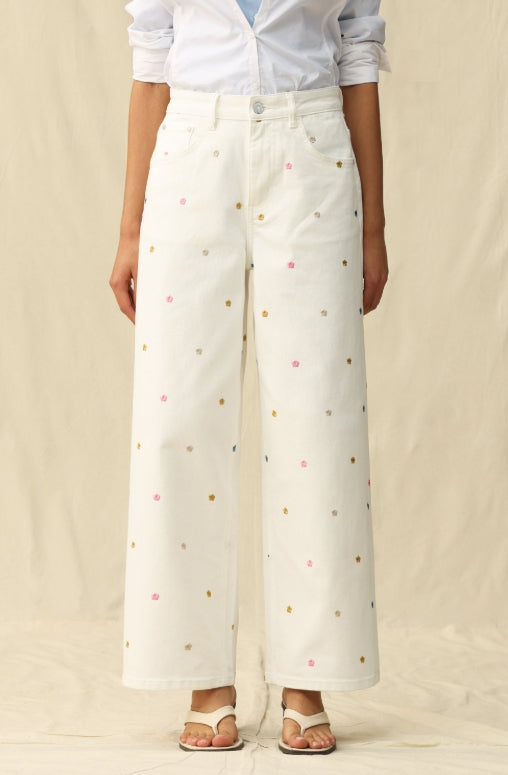 Flower Embroidered Wide Leg Jeans