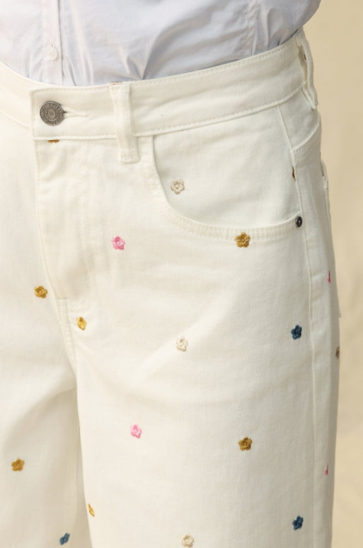 Flower Embroidered Wide Leg Jeans