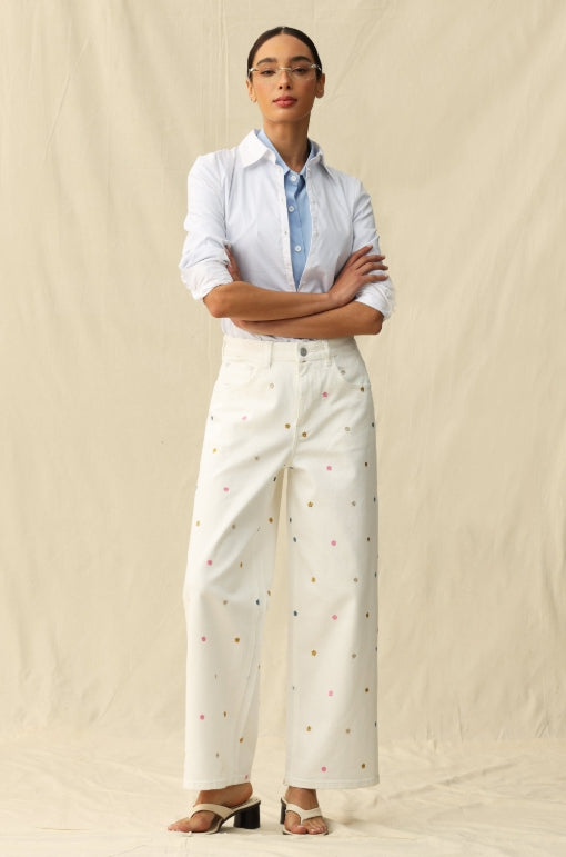 Flower Embroidered Wide Leg Jeans