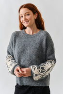 Embroidered Sleeve Fuzzy Sweater