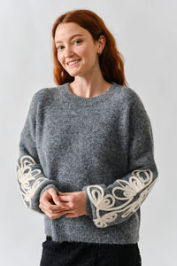 Embroidered Sleeve Fuzzy Sweater