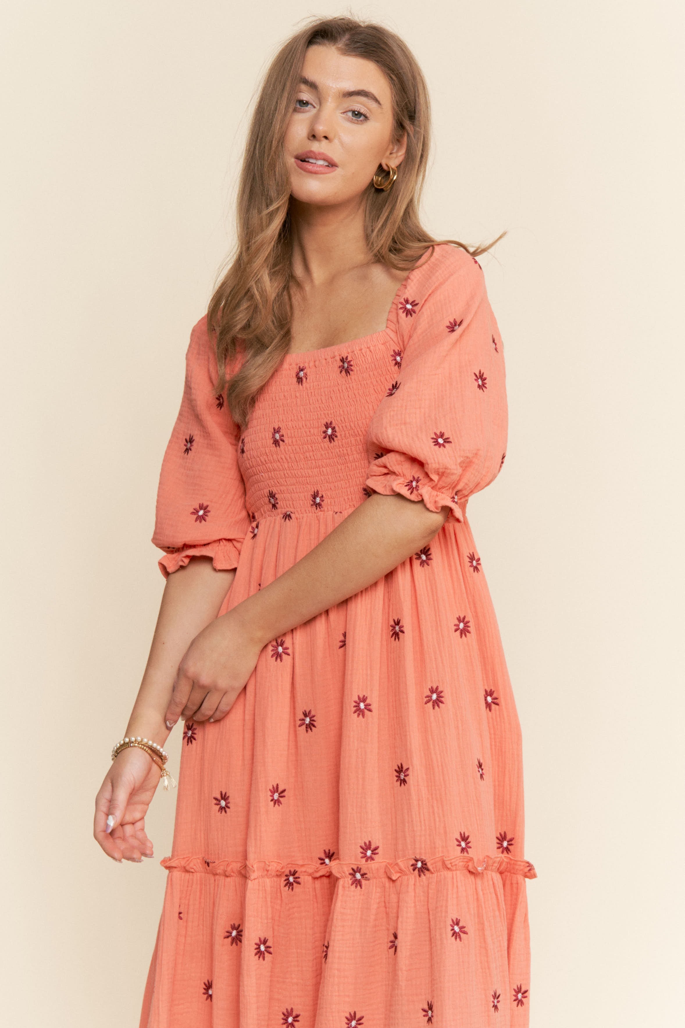 Floral Embroidered Gauze Maxi Dress