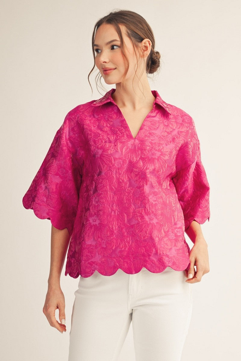 Scallop Detail Floral Jacquard Top