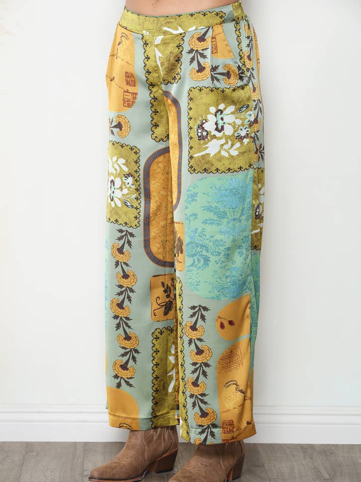 Golden Tapestry Satin Wide Leg Pant