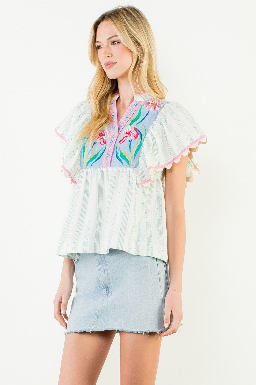 Flutter Sleeve Embroidered Top