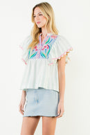 Flutter Sleeve Embroidered Top