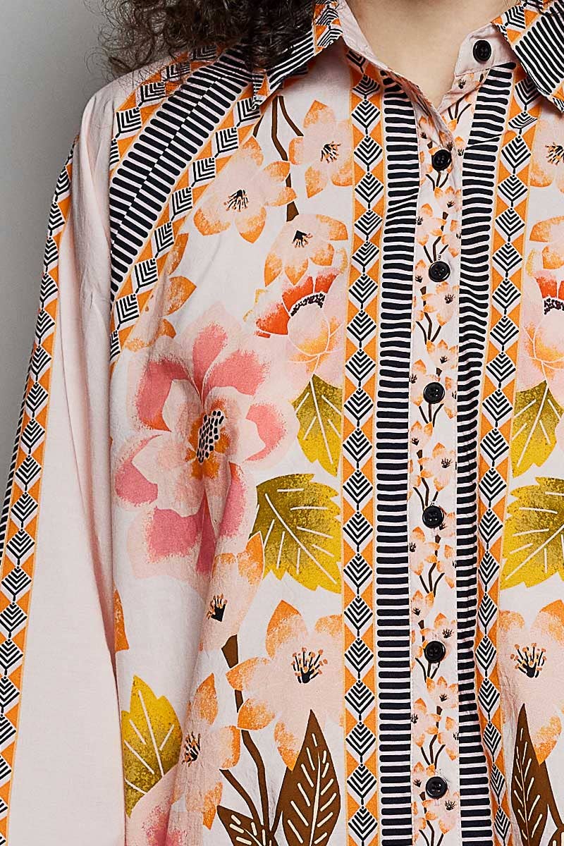 Boho Floral Print Button-Down Batwing Shirt