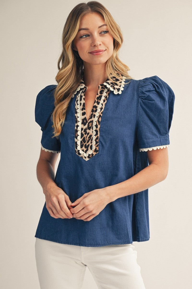 Leopard Detail Denim Blouse