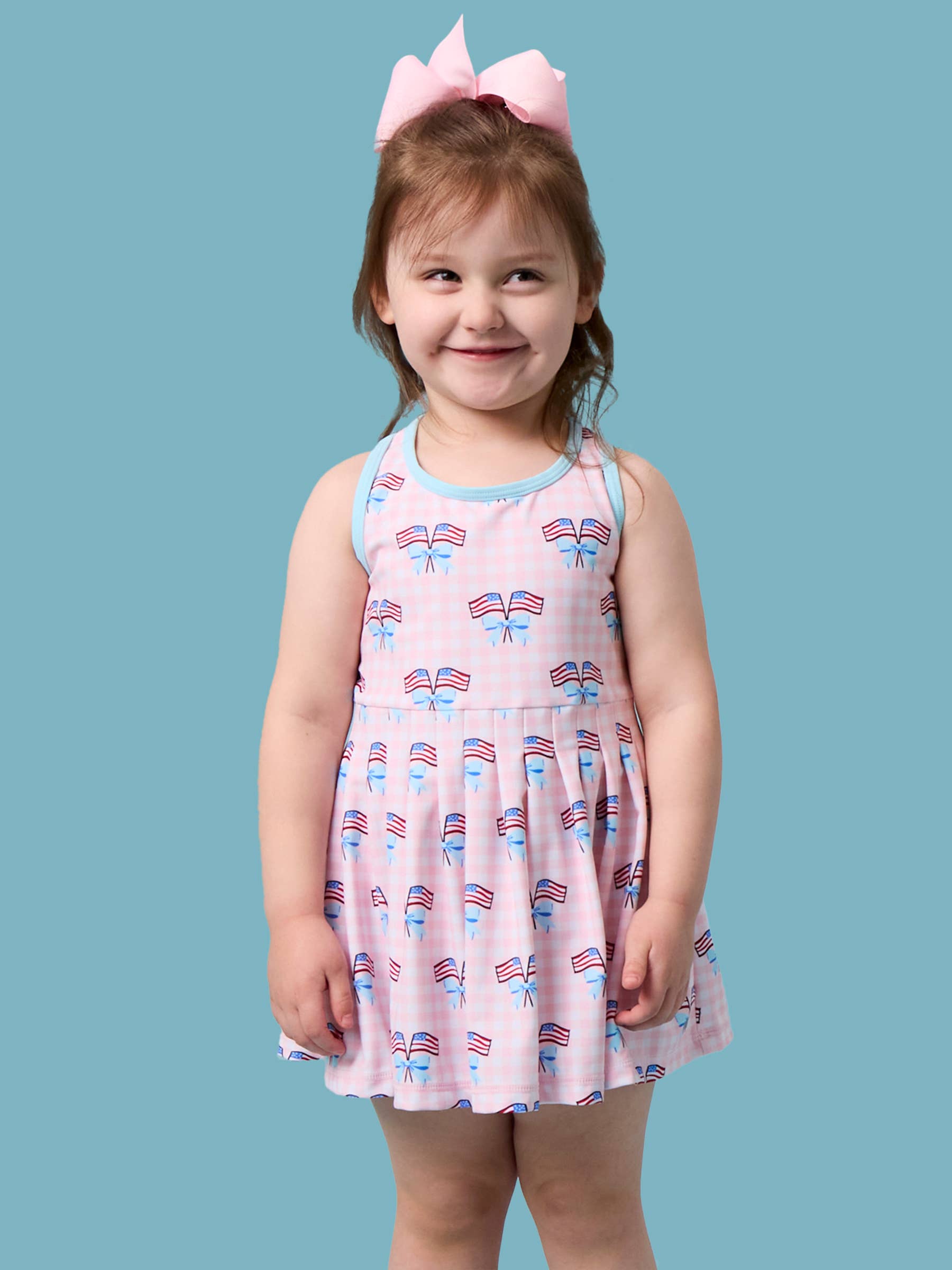 Patriotic Gingham Pleated Skirt Active Dress & Bike Short Set