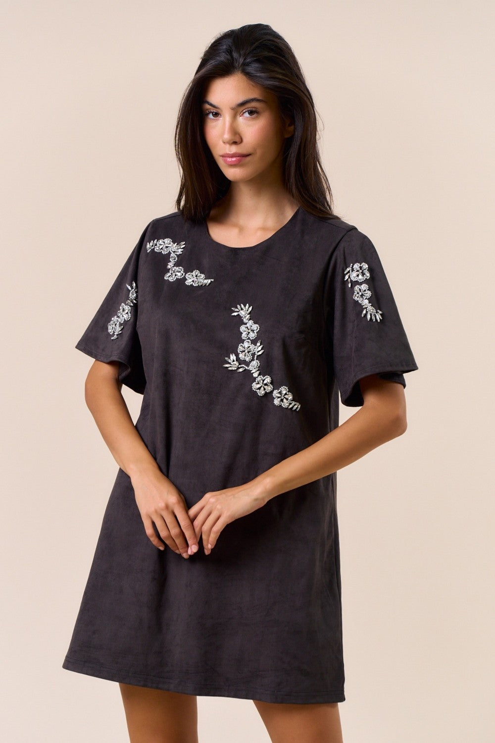 Grey Beaded Embroidered Mini Dress