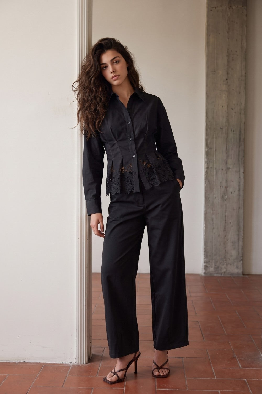Lace Hem Fitted Button-Up