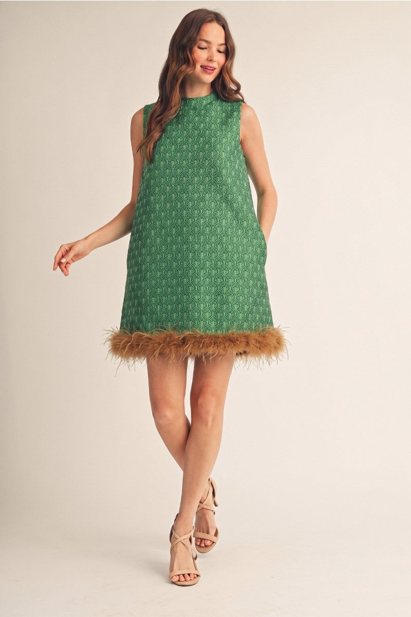 Feather Trim Jacquard Mini Dress