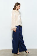 Fur Cuff Satin Blouse