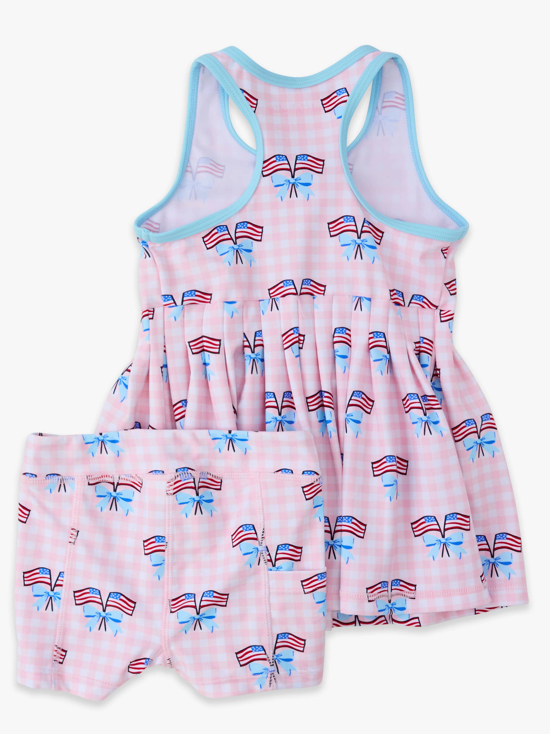 Patriotic Gingham Pleated Skirt Active Dress & Bike Short Set