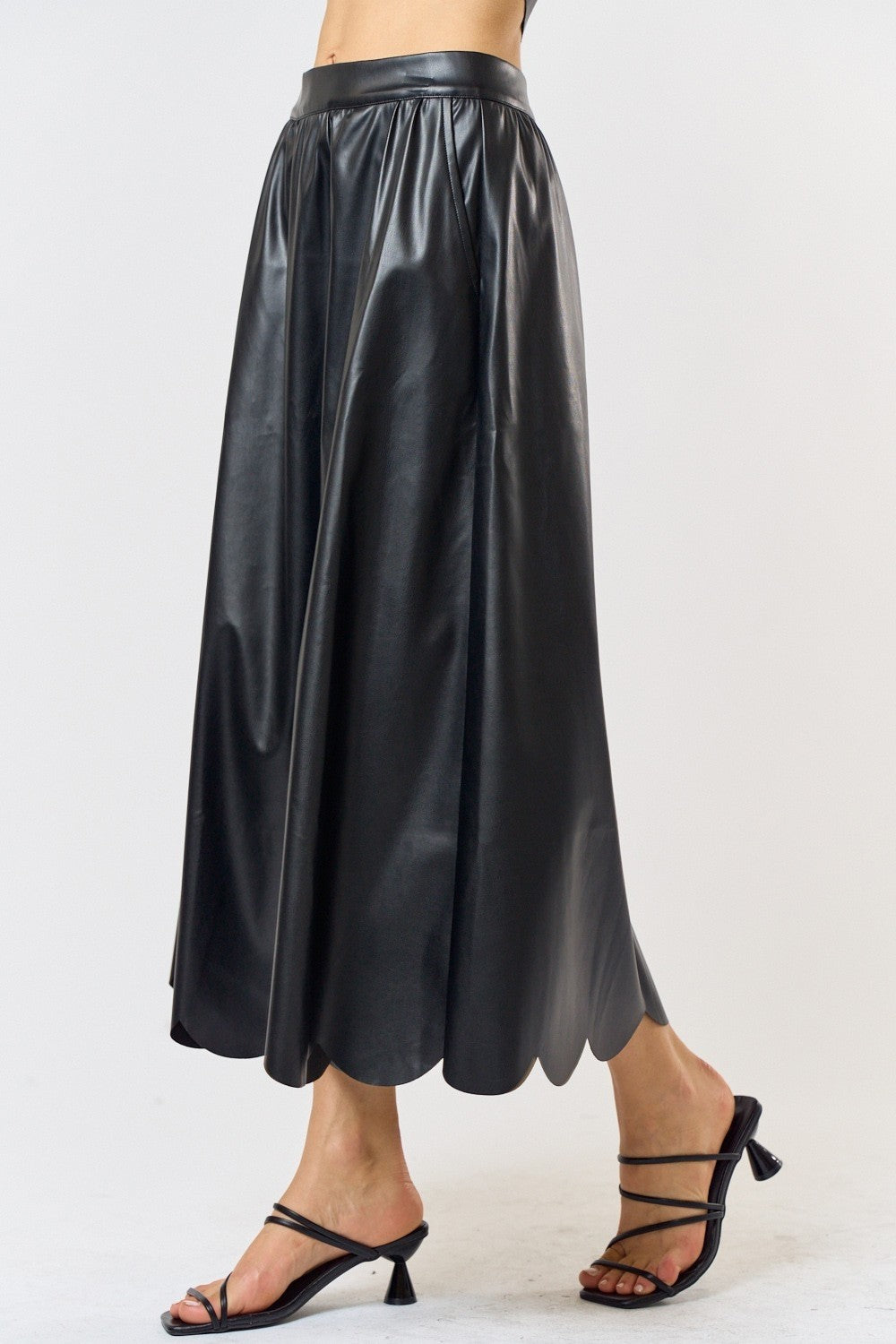 Scalloped Faux Leather Midi Skirt