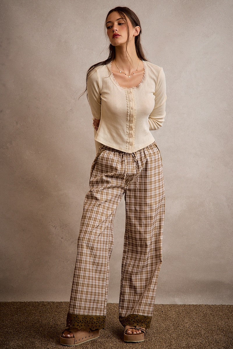 Plaid Embroidered Hem Pants