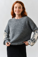 Embroidered Sleeve Fuzzy Sweater