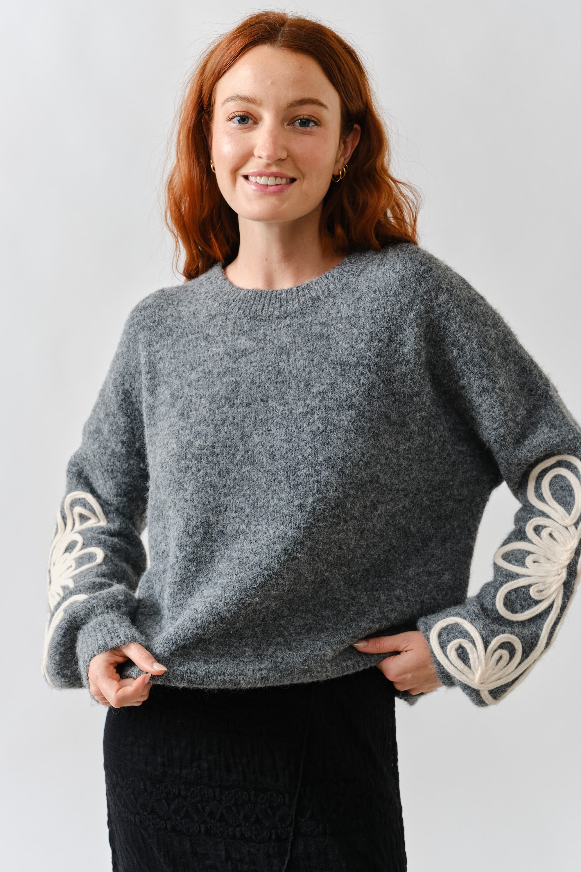 Embroidered Sleeve Fuzzy Sweater