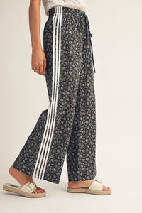 Tape Trim Accent Floral Pants