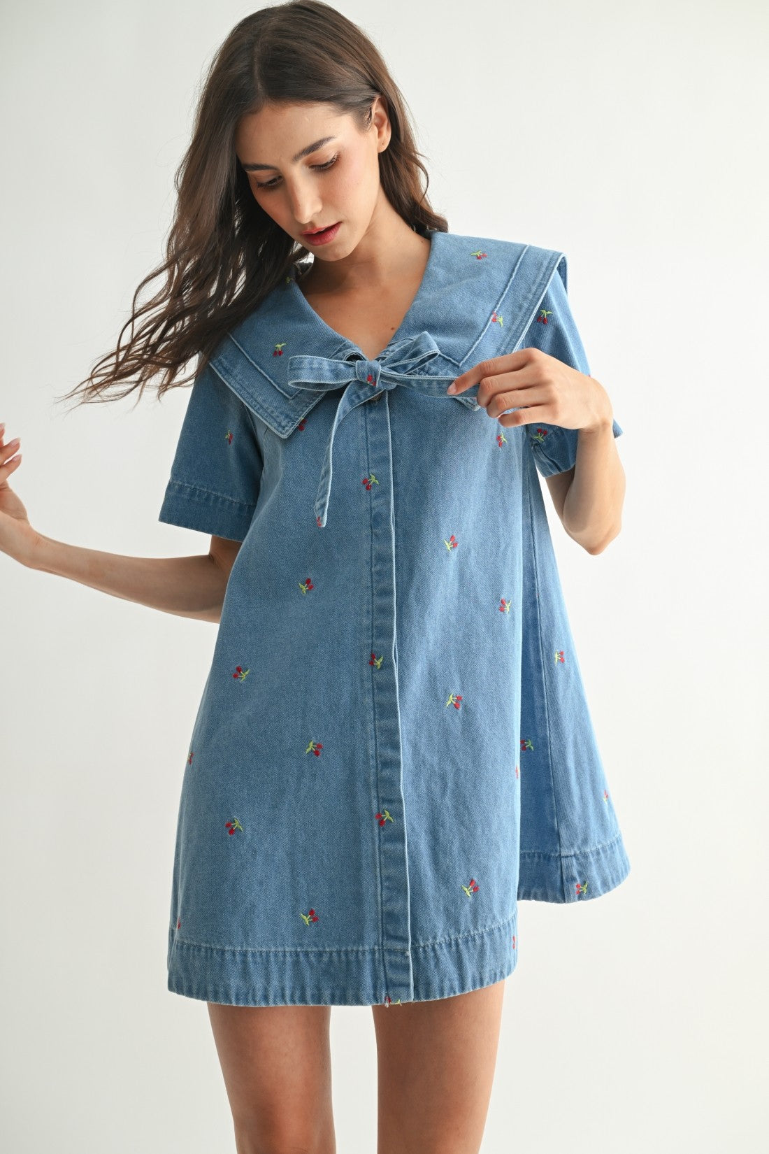 Cherry Embroidered Denim Dress