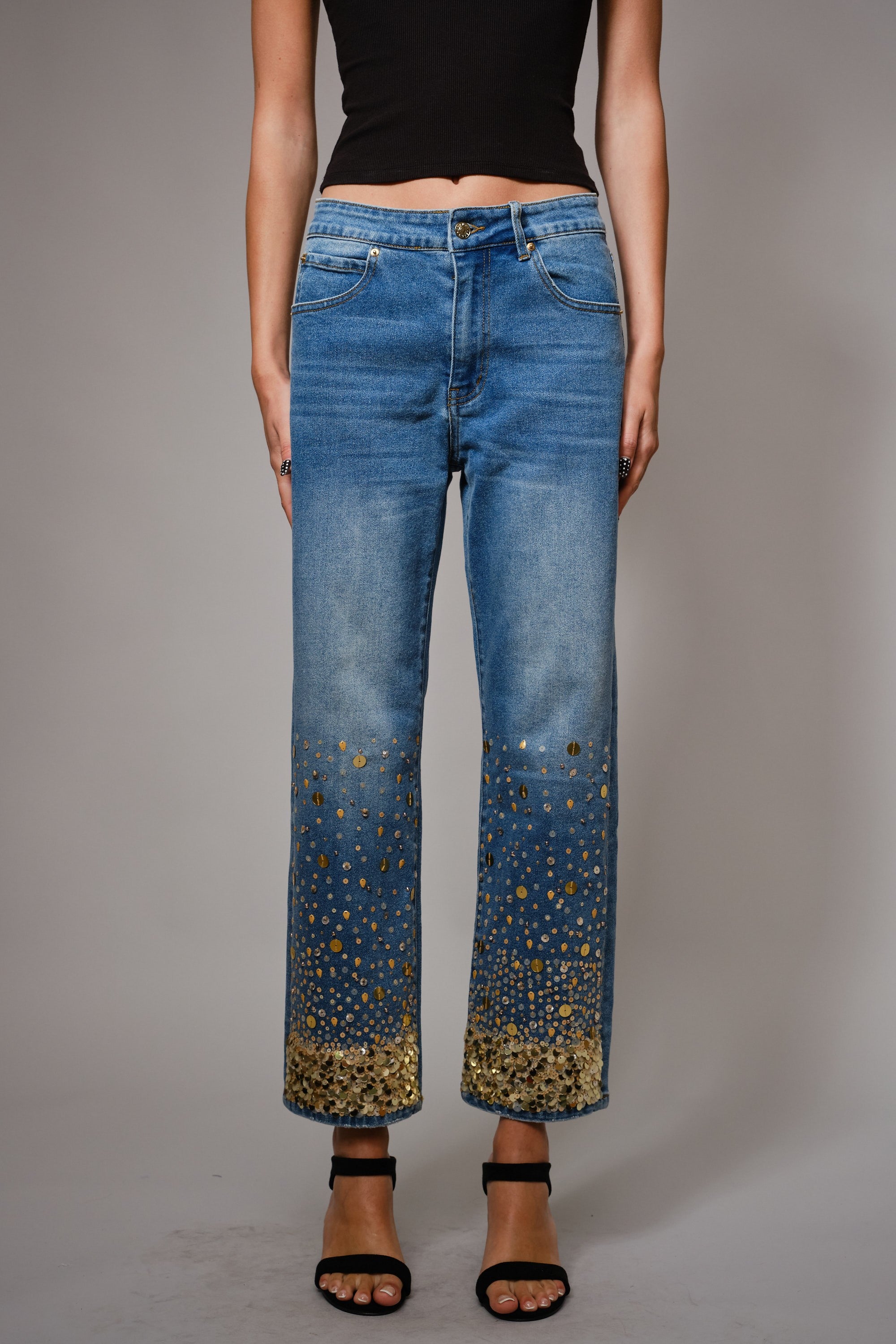 Gold Sequin Straight Leg Jeans
