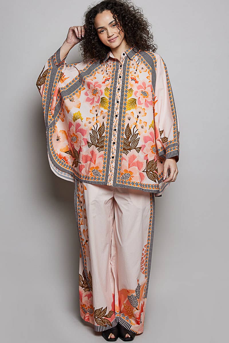 Boho Floral Print Button-Down Batwing Shirt