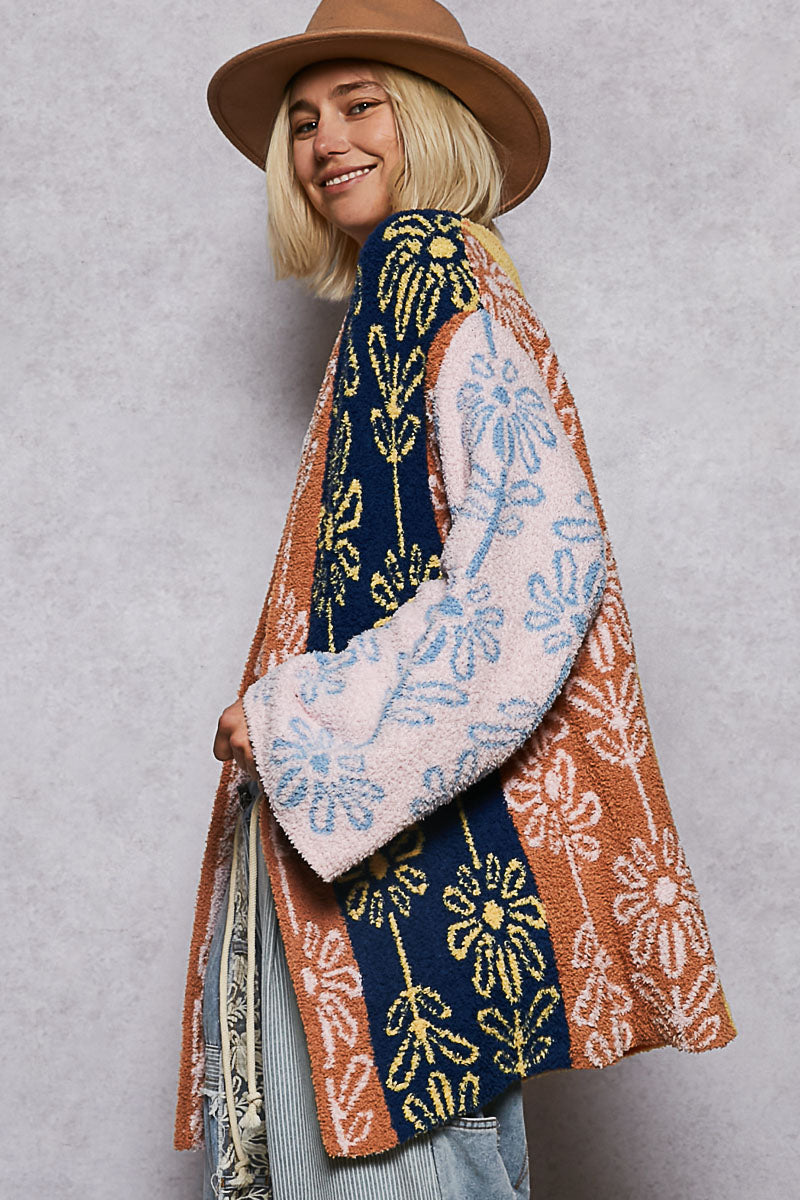 Floral Printed Berber Sweater Cardigan