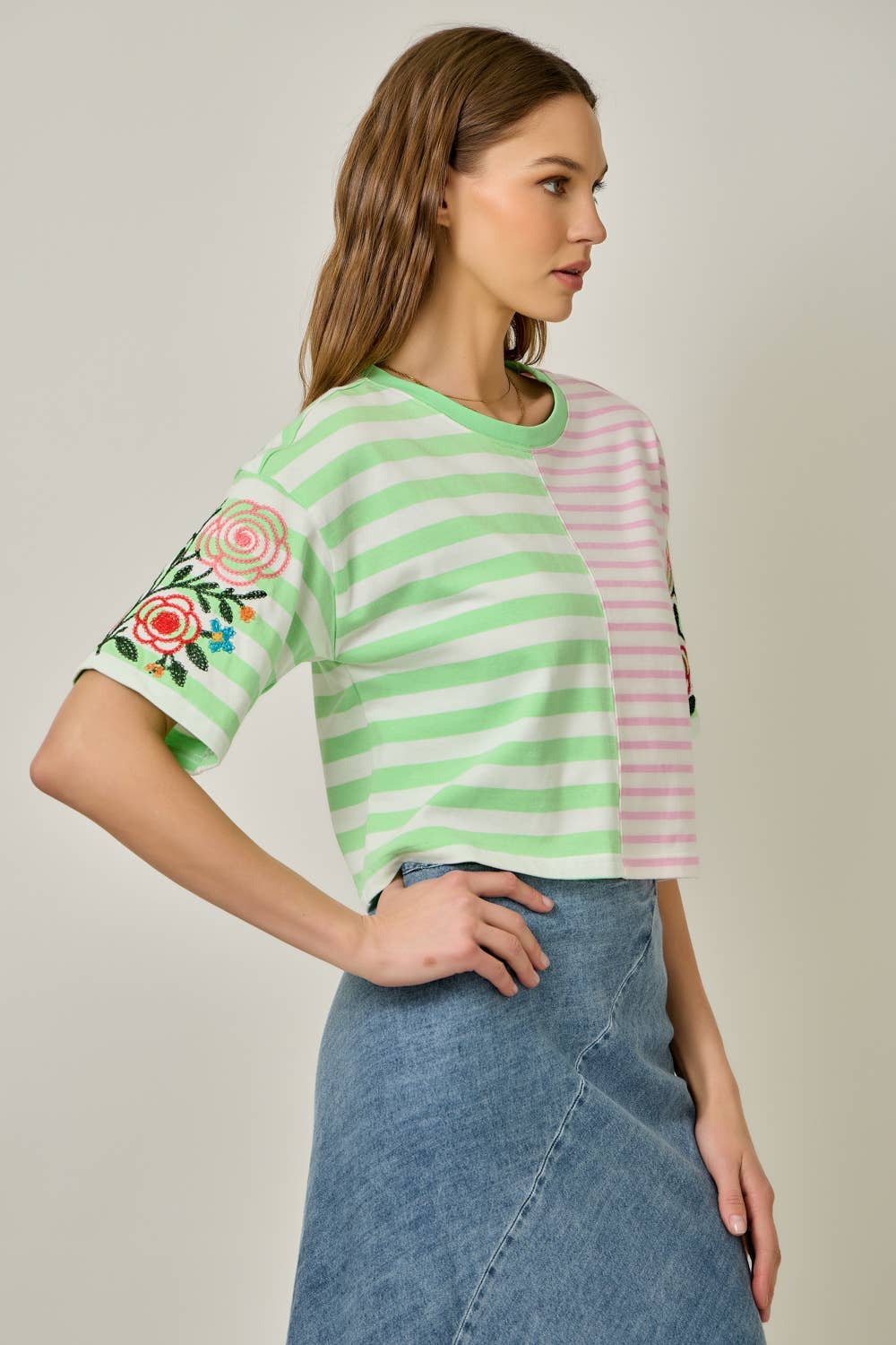 Rose Embroidered Mix Stripe Tee