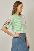Rose Embroidered Mix Stripe Tee