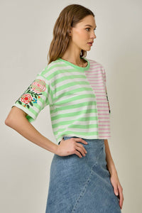 Rose Embroidered Mix Stripe Tee