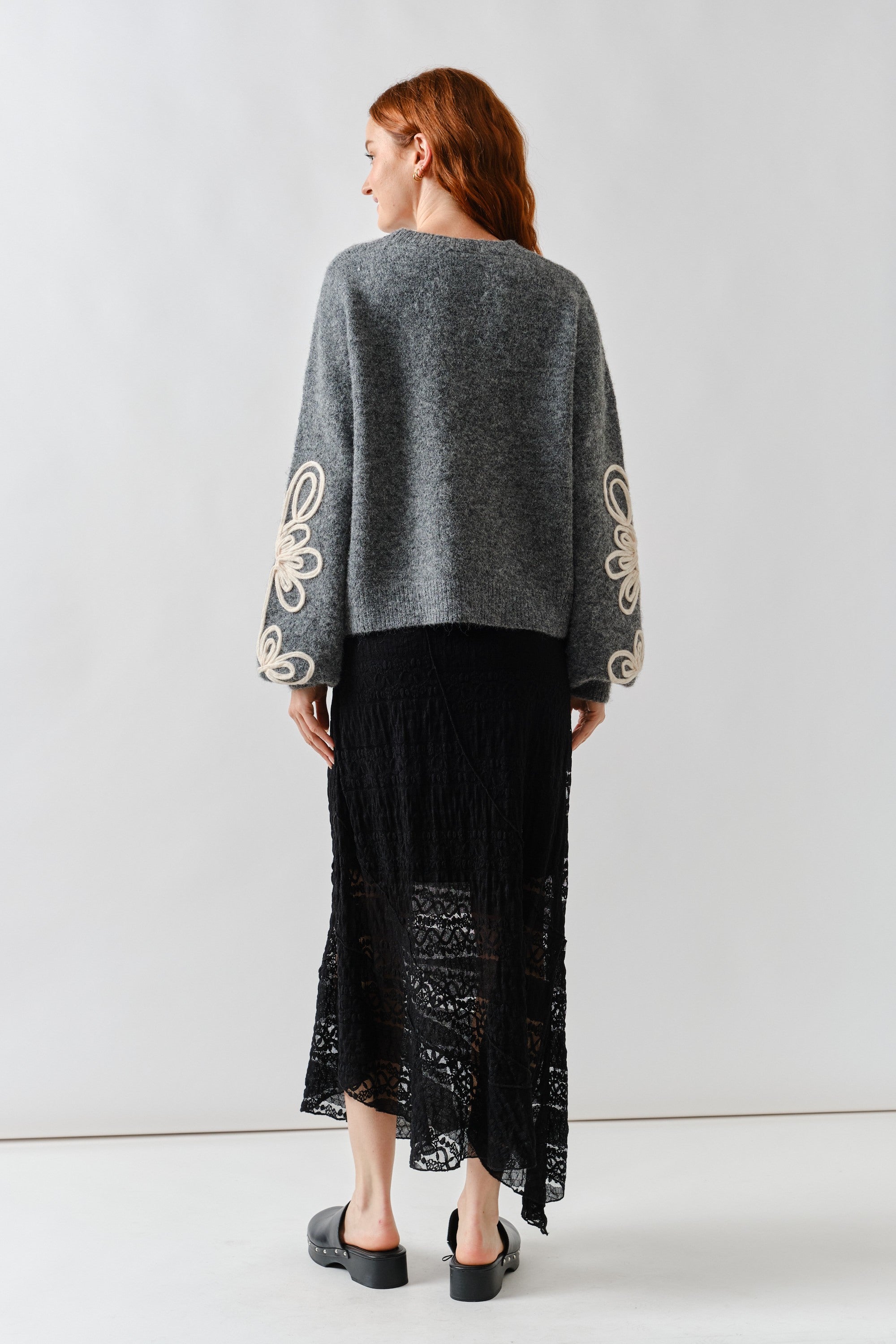 Embroidered Sleeve Fuzzy Sweater