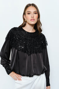 Beaded Sequin Yoke Satin Top