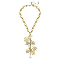 Gold Saints Charms and Genuine Freshwater Pearl Y Necklace