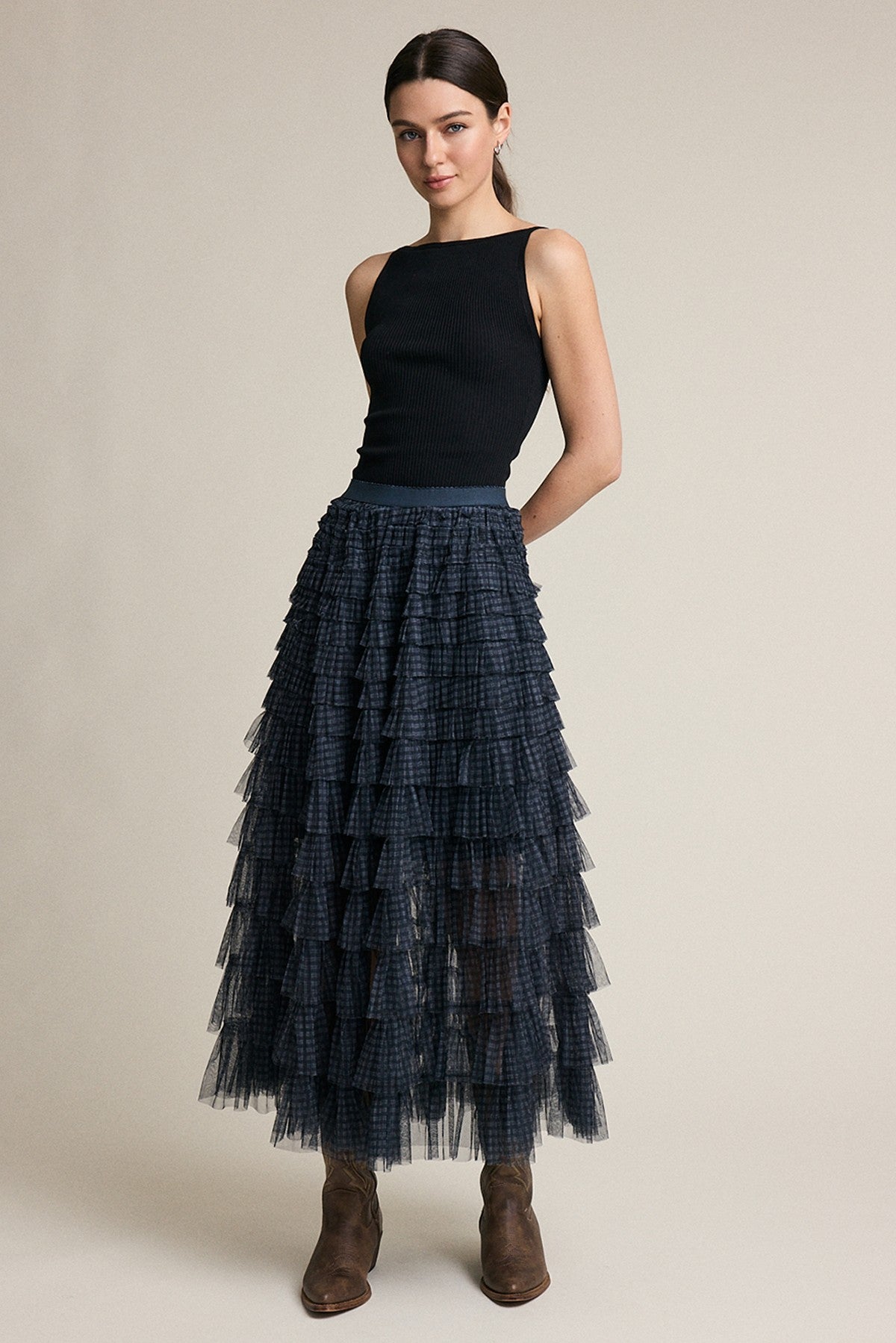 Plaid Mesh Ruffle Maxi Skirt