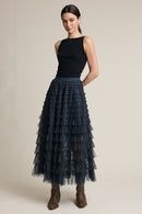Plaid Mesh Ruffle Maxi Skirt