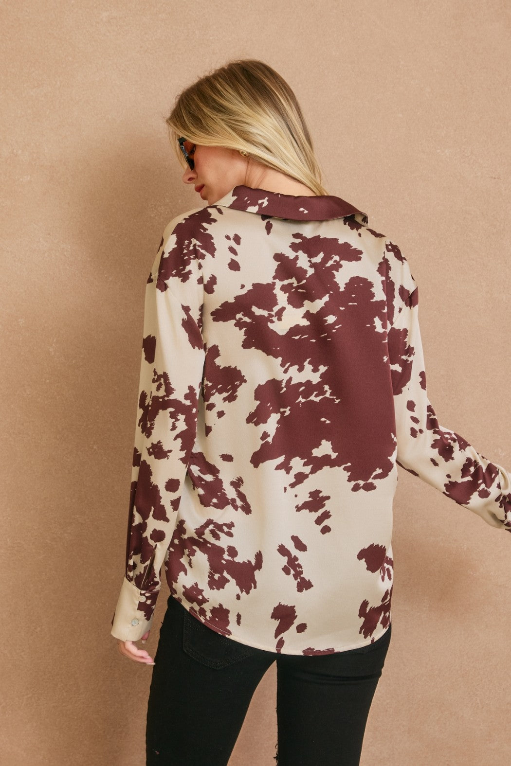 Cow Print Satin Button-Down