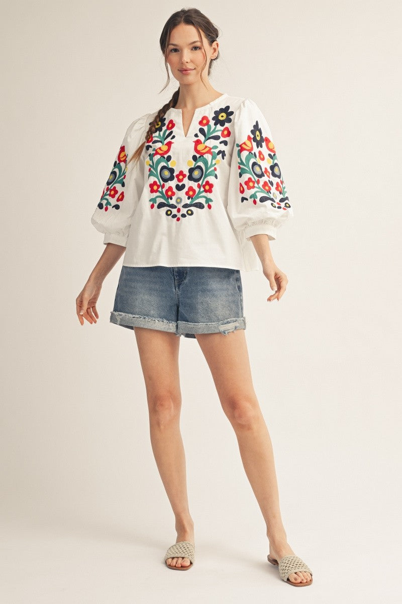 Embroidered Notched V-Neck Top