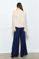 Fur Cuff Satin Blouse