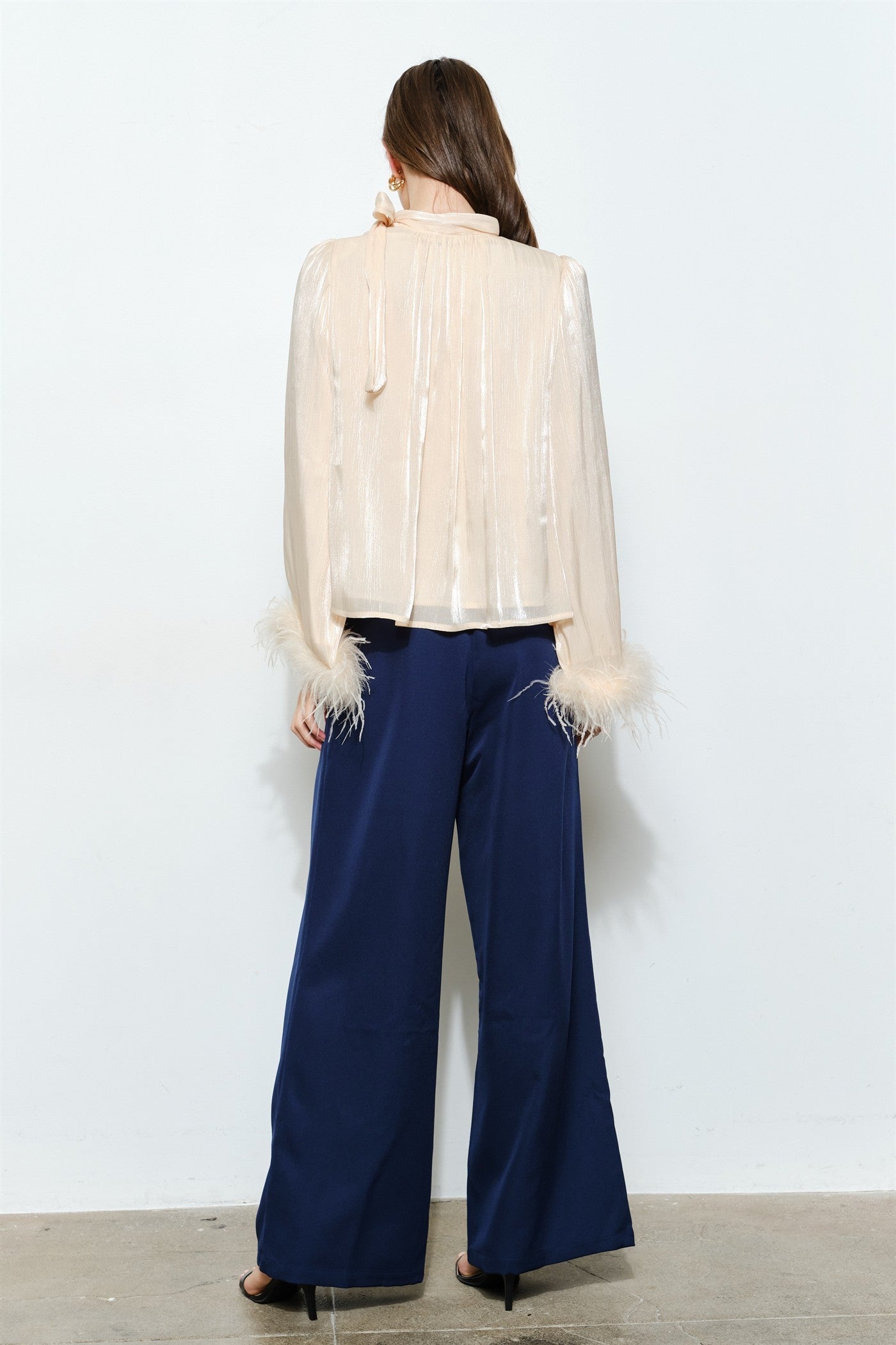 Fur Cuff Satin Blouse